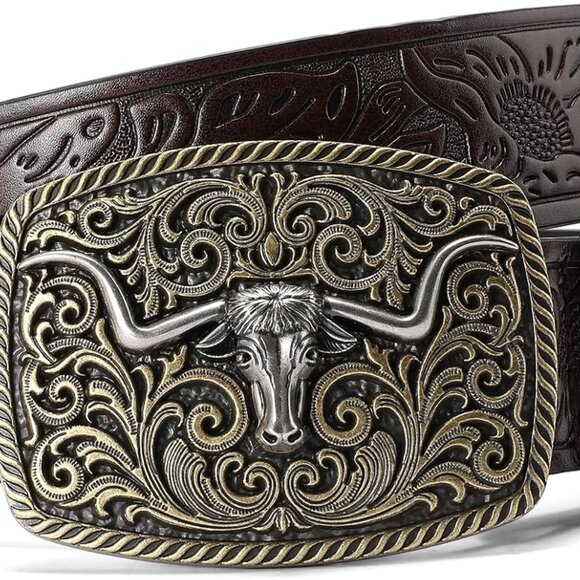 Other - Western Cowboy Belt for Men Women Longhorn Bull Buckle Belts Floral Engraved Emb
